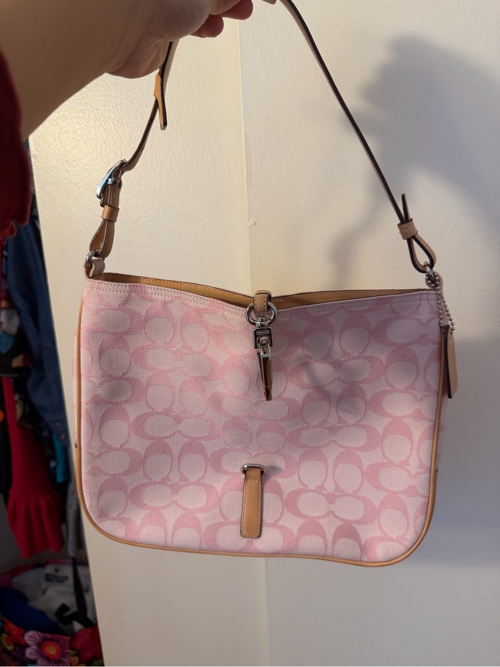 Coach Pink Signature Canvas Shoulder Bag with Tan Trim